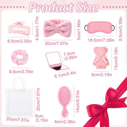 54 Pcs Spa Sleepover Party Supplies Include Bow Headband Eye Mask Bath Towel Scrunchies Hair Clip Comb Powder Puff Mirror Gift Bags for Women Girls Slumber Party Favors(Pink)