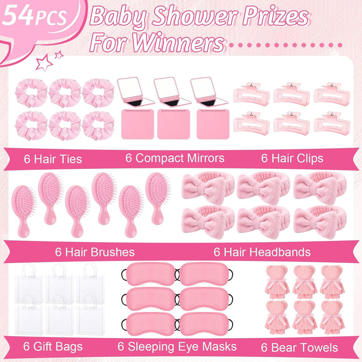 54 Pcs Spa Sleepover Party Supplies Include Bow Headband Eye Mask Bath Towel Scrunchies Hair Clip Comb Powder Puff Mirror Gift Bags for Women Girls Slumber Party Favors(Pink)