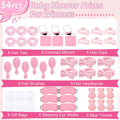 54 Pcs Spa Sleepover Party Supplies Include Bow Headband Eye Mask Bath Towel Scrunchies Hair Clip Comb Powder Puff Mirror Gift Bags for Women Girls Slumber Party Favors(Pink)