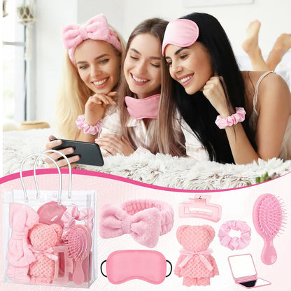 54 Pcs Spa Sleepover Party Supplies Include Bow Headband Eye Mask Bath Towel Scrunchies Hair Clip Comb Powder Puff Mirror Gift Bags for Women Girls Slumber Party Favors(Pink)