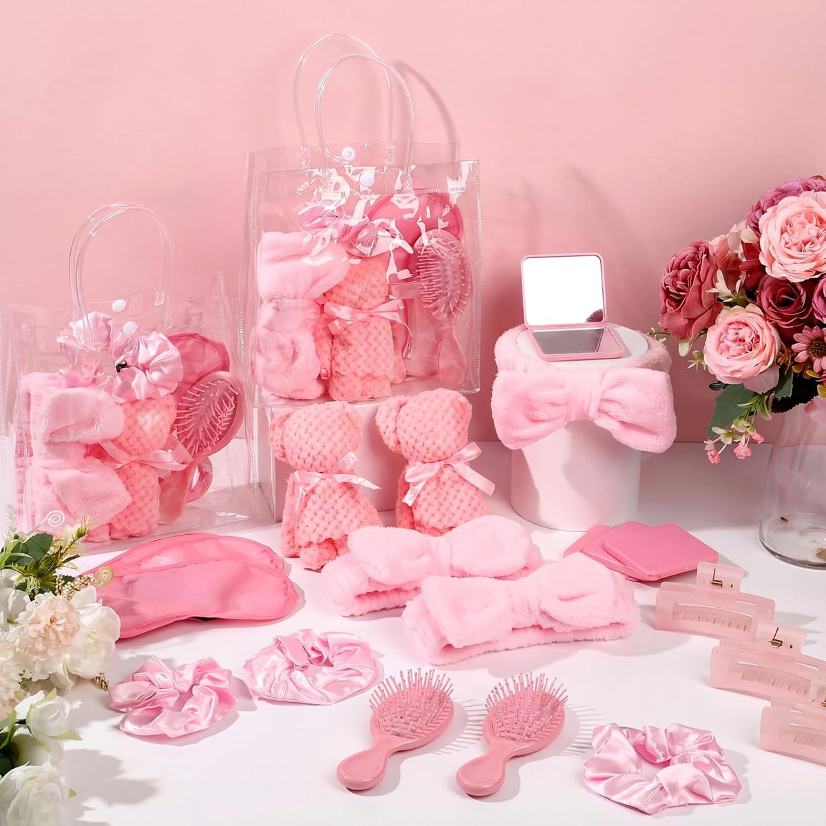 54 Pcs Spa Sleepover Party Supplies Include Bow Headband Eye Mask Bath Towel Scrunchies Hair Clip Comb Powder Puff Mirror Gift Bags for Women Girls Slumber Party Favors(Pink)