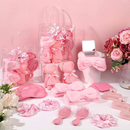 54 Pcs Spa Sleepover Party Supplies Include Bow Headband Eye Mask Bath Towel Scrunchies Hair Clip Comb Powder Puff Mirror Gift Bags for Women Girls Slumber Party Favors(Pink)