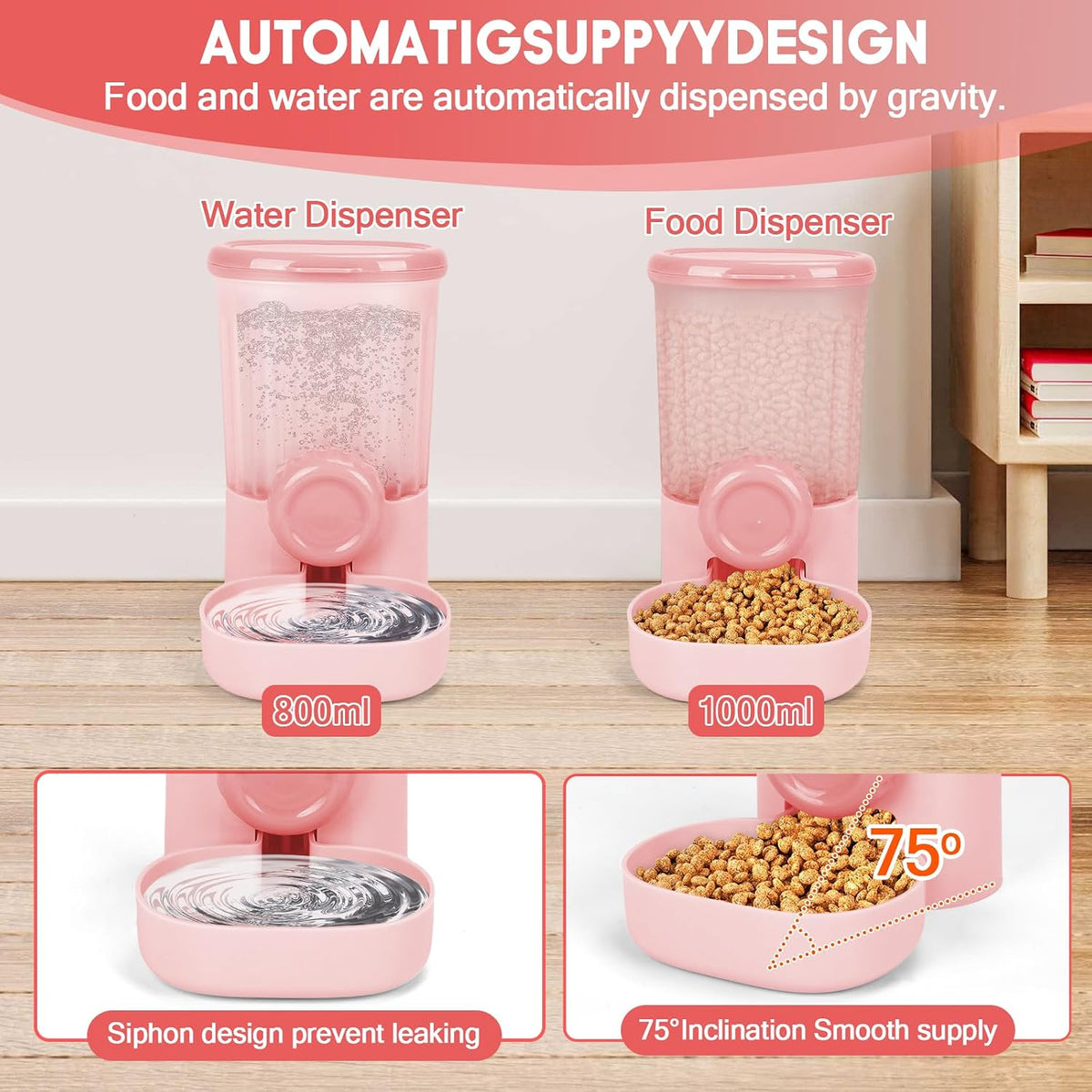 35oz Rabbit Feeder Guinea Pig Water Bottle,Hanging Automatic Food Water Dispenser,Food Feeder for Ferret Guinea Pig Rabbit Cat Bunny Cage Accessories,Pink