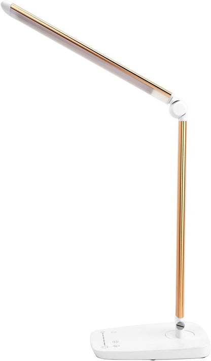 Dimmable LED Desk Lamp with USB Charging Port, Touch Control Foldable Gooseneck Free Rotation Adjustable Eye Care Table Lamp, Bedside Reading Light with UL AC Adapter (Pink Gold)