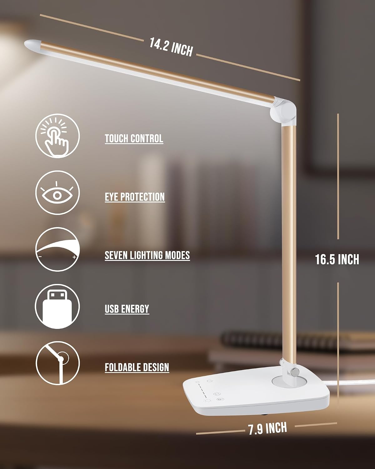 Dimmable LED Desk Lamp with USB Charging Port, Touch Control Foldable Gooseneck Free Rotation Adjustable Eye Care Table Lamp, Bedside Reading Light with UL AC Adapter (Pink Gold)
