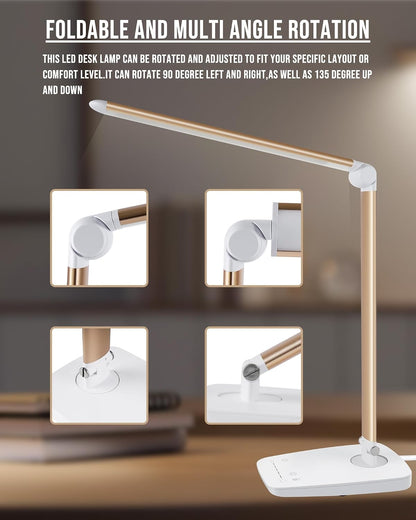 Dimmable LED Desk Lamp with USB Charging Port, Touch Control Foldable Gooseneck Free Rotation Adjustable Eye Care Table Lamp, Bedside Reading Light with UL AC Adapter (Pink Gold)