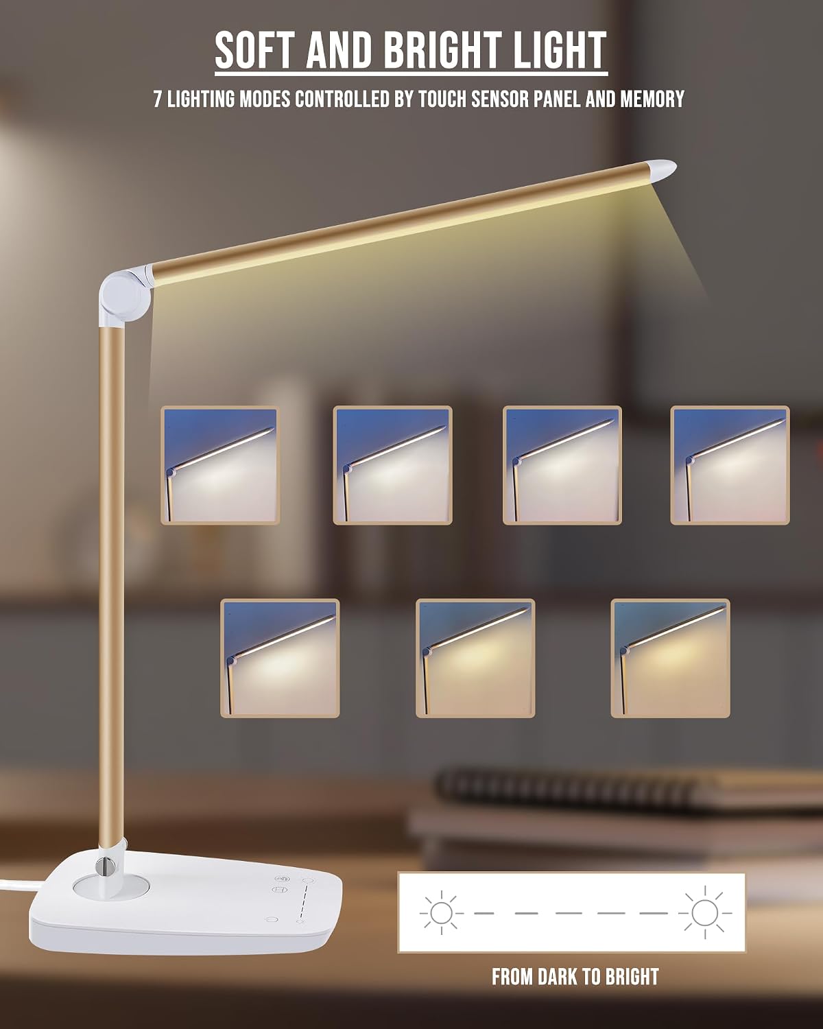 Dimmable LED Desk Lamp with USB Charging Port, Touch Control Foldable Gooseneck Free Rotation Adjustable Eye Care Table Lamp, Bedside Reading Light with UL AC Adapter (Pink Gold)