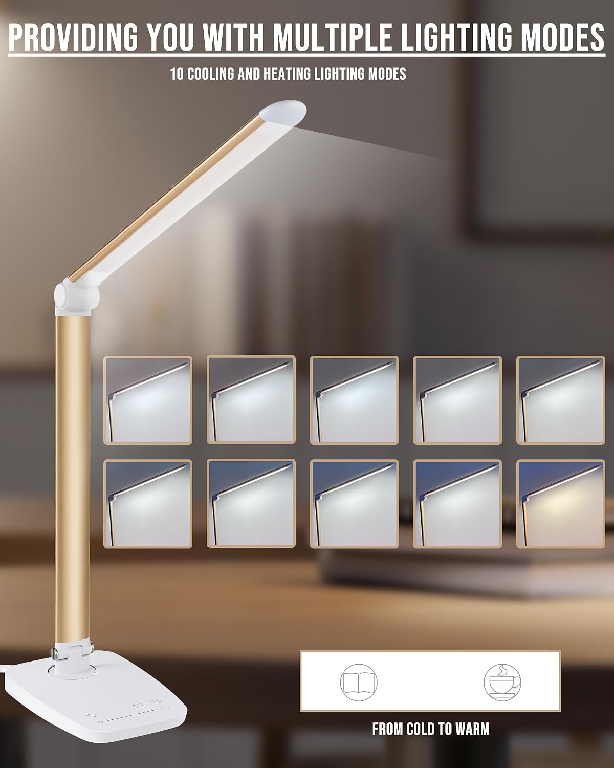 Dimmable LED Desk Lamp with USB Charging Port, Touch Control Foldable Gooseneck Free Rotation Adjustable Eye Care Table Lamp, Bedside Reading Light with UL AC Adapter (Pink Gold)