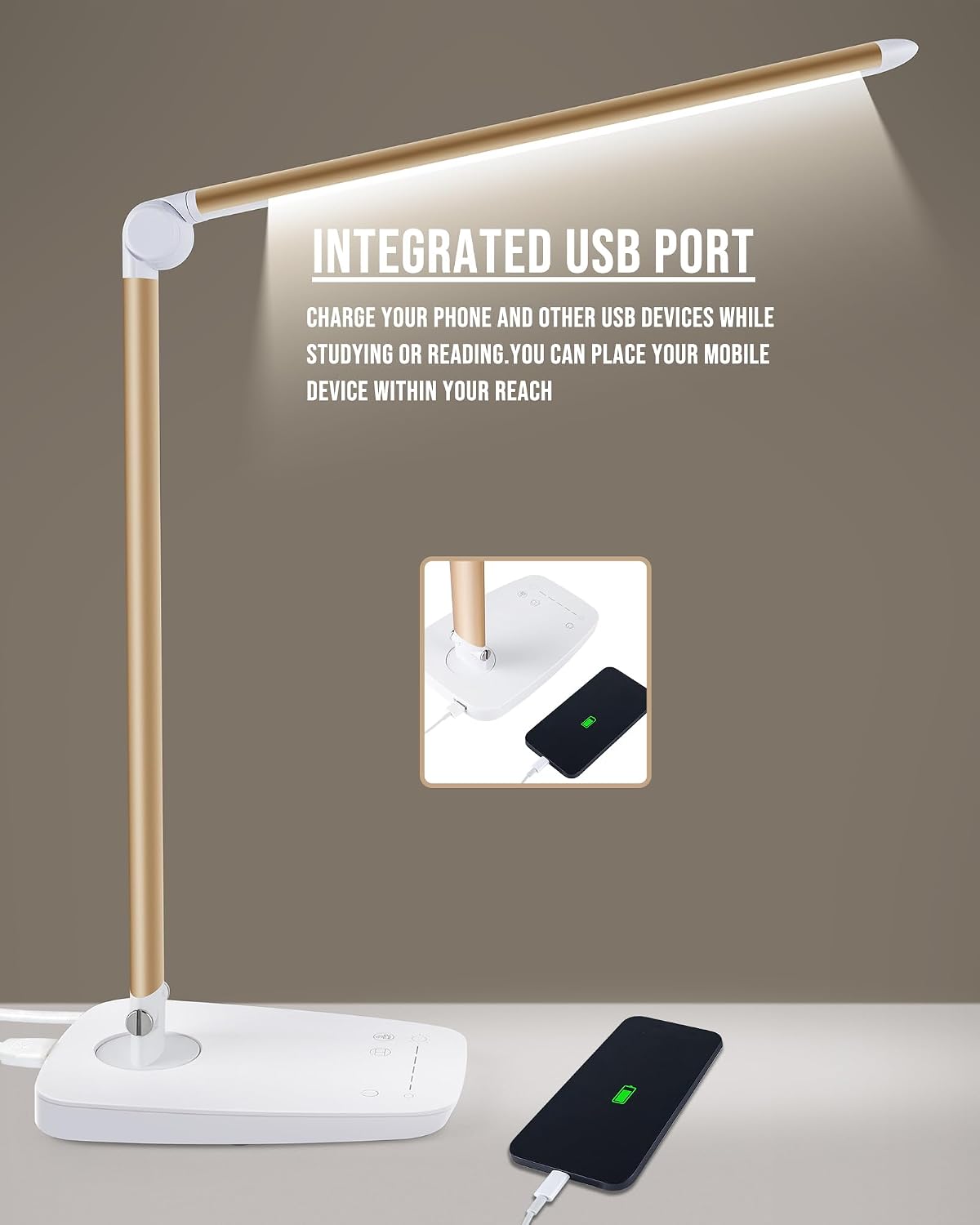 Dimmable LED Desk Lamp with USB Charging Port, Touch Control Foldable Gooseneck Free Rotation Adjustable Eye Care Table Lamp, Bedside Reading Light with UL AC Adapter (Pink Gold)
