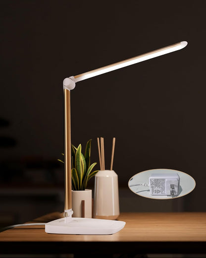 Dimmable LED Desk Lamp with USB Charging Port, Touch Control Foldable Gooseneck Free Rotation Adjustable Eye Care Table Lamp, Bedside Reading Light with UL AC Adapter (Pink Gold)