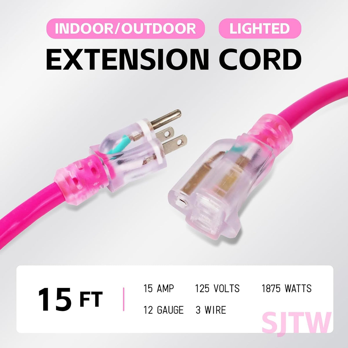 EP 15 Ft 12/3 SJTW Lighted Outdoor Extension Cord, Pink