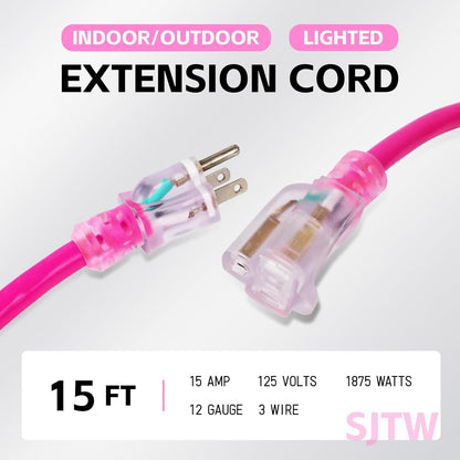 EP 15 Ft 12/3 SJTW Lighted Outdoor Extension Cord, Pink