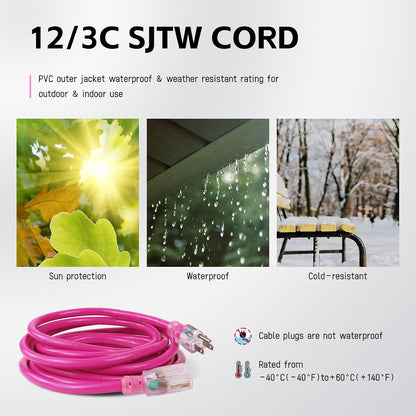 EP 15 Ft 12/3 SJTW Lighted Outdoor Extension Cord, Pink