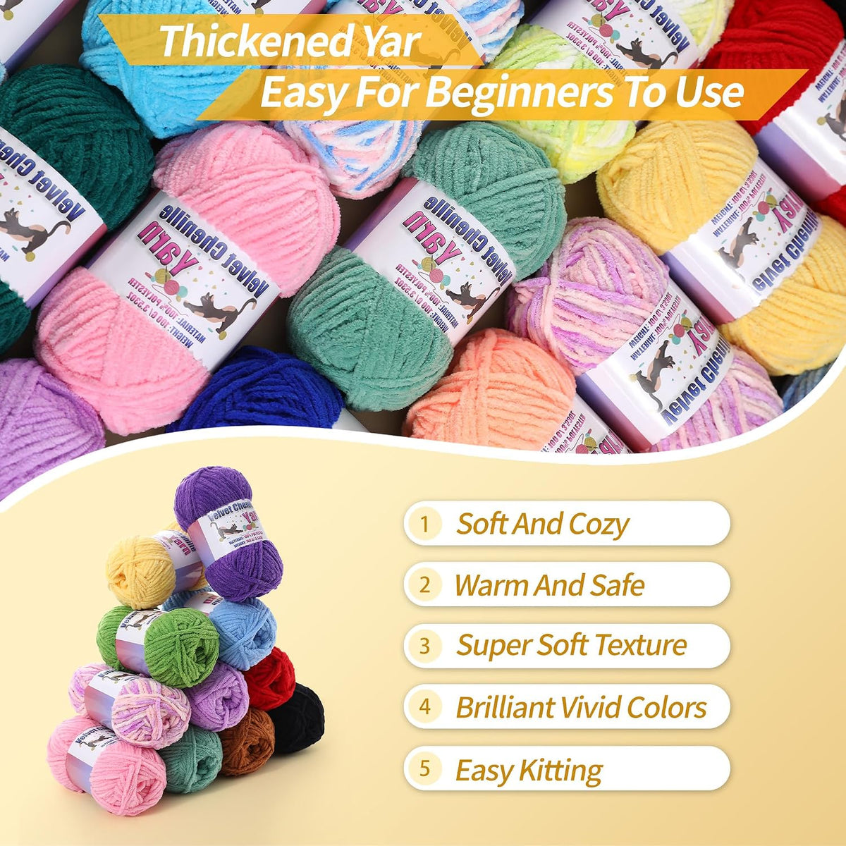 3 * 100g/3.5oz Fluffy Chenille Yarn for Crocheting, Chunky Velvet Yarn for Crochet Amigurumi, Used for Making Baby Yarns Blanket, Clothes, Pattern Knitting Creations (Apricot Color)