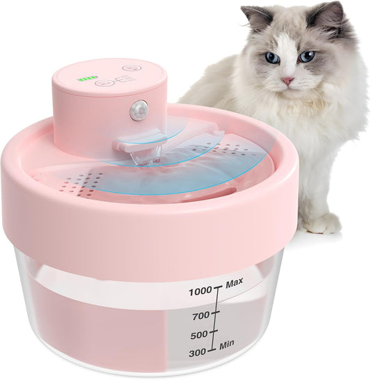 Cat Water Fountain, 1L Wireless Water Fountains for Cats Indoor - Battery Operated Cat Fountains for Drinking with Filter/Motion Sensor/Silent Pump