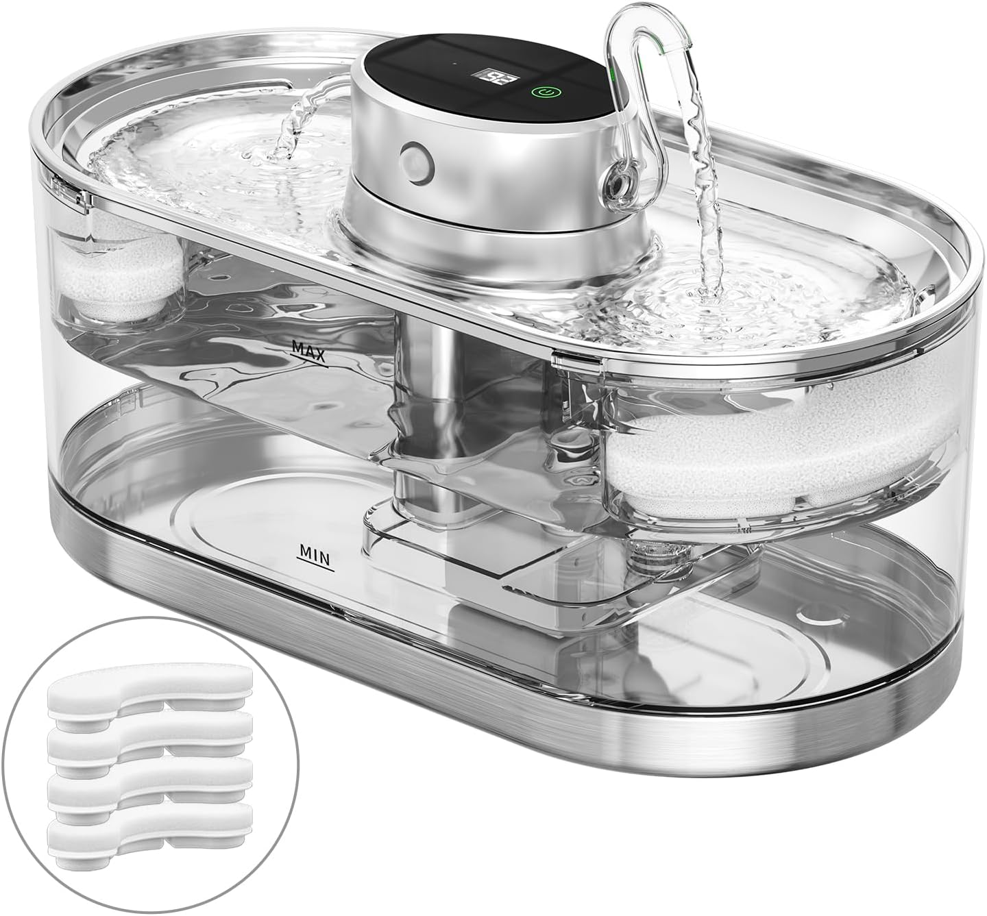 Cat Water Fountain Cordless, 108oz/3.2L Cengcen Wireless Pet Water Fountains Battery Operated 5000mAh, Chew-Proof Charging Cable with Adapter, Stainless Steel Transparent, Premium Edition