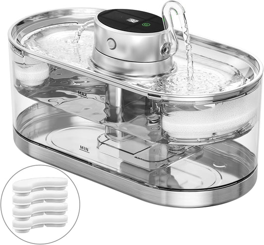 Cat Water Fountain Cordless, 108oz/3.2L Cengcen Wireless Pet Water Fountains Battery Operated 5000mAh, Chew-Proof Charging Cable with Adapter, Stainless Steel Transparent, Premium Edition