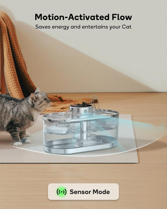 Cat Water Fountain Cordless, 108oz/3.2L Cengcen Wireless Pet Water Fountains Battery Operated 5000mAh, Chew-Proof Charging Cable with Adapter, Stainless Steel Transparent, Premium Edition