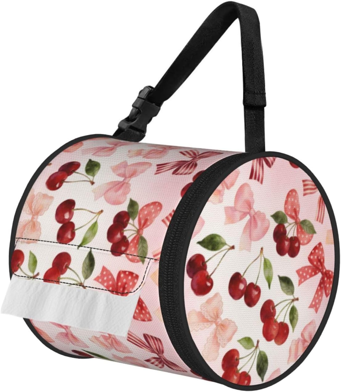 Round Tissue Holder Bag Car Hanging Tissue Boxes Cover with Adjustable Strap Foldable Roll Storage Bags with Zipper Tissues Case Organizer for Home Decor Toilet Office(Cherry Pink Bows)