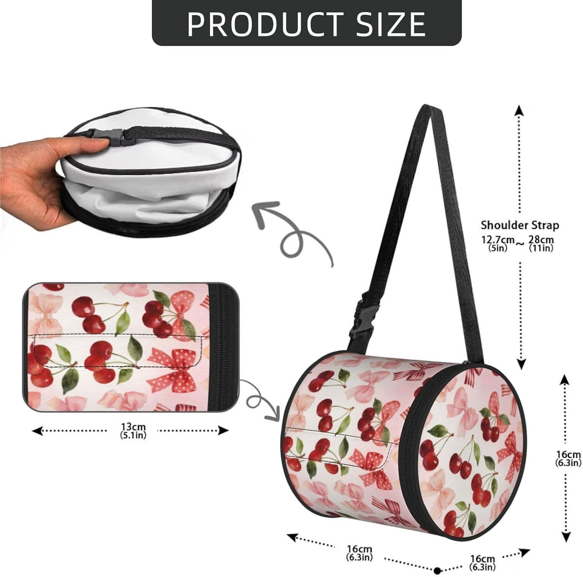 Round Tissue Holder Bag Car Hanging Tissue Boxes Cover with Adjustable Strap Foldable Roll Storage Bags with Zipper Tissues Case Organizer for Home Decor Toilet Office(Cherry Pink Bows)