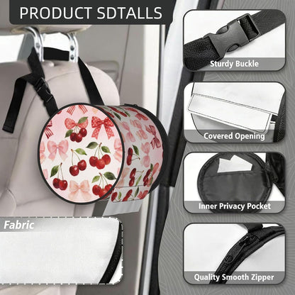 Round Tissue Holder Bag Car Hanging Tissue Boxes Cover with Adjustable Strap Foldable Roll Storage Bags with Zipper Tissues Case Organizer for Home Decor Toilet Office(Cherry Pink Bows)
