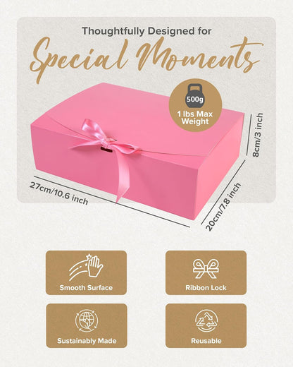 Pink Gift Box Set of 16 - Gift Boxes for Presents & gifting on weddings, birthdays & more - Easy to Assemble Pink Gift Boxes With Lids & Ribbon Closure - Decorative Boxes With Lids