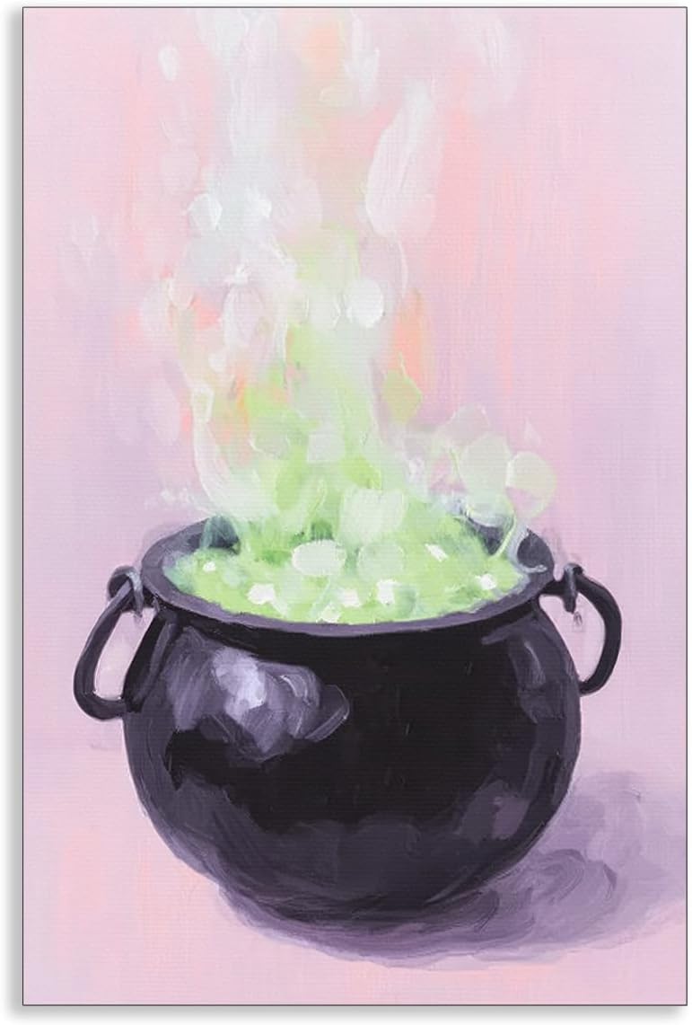 Pink Witch Cauldron Halloween Canvas Wall Art, Whimsical Pastel Gothic Witch Poster, Girly Witchy Potion Painting Goth Wall Decor, Spooky Halloween Iridescent Picture 12x16in Unframed