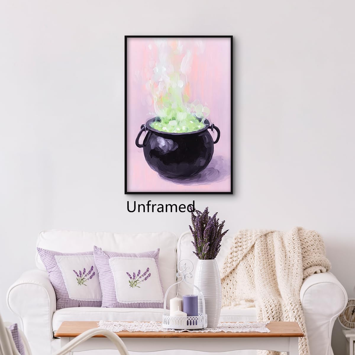 Pink Witch Cauldron Halloween Canvas Wall Art, Whimsical Pastel Gothic Witch Poster, Girly Witchy Potion Painting Goth Wall Decor, Spooky Halloween Iridescent Picture 12x16in Unframed