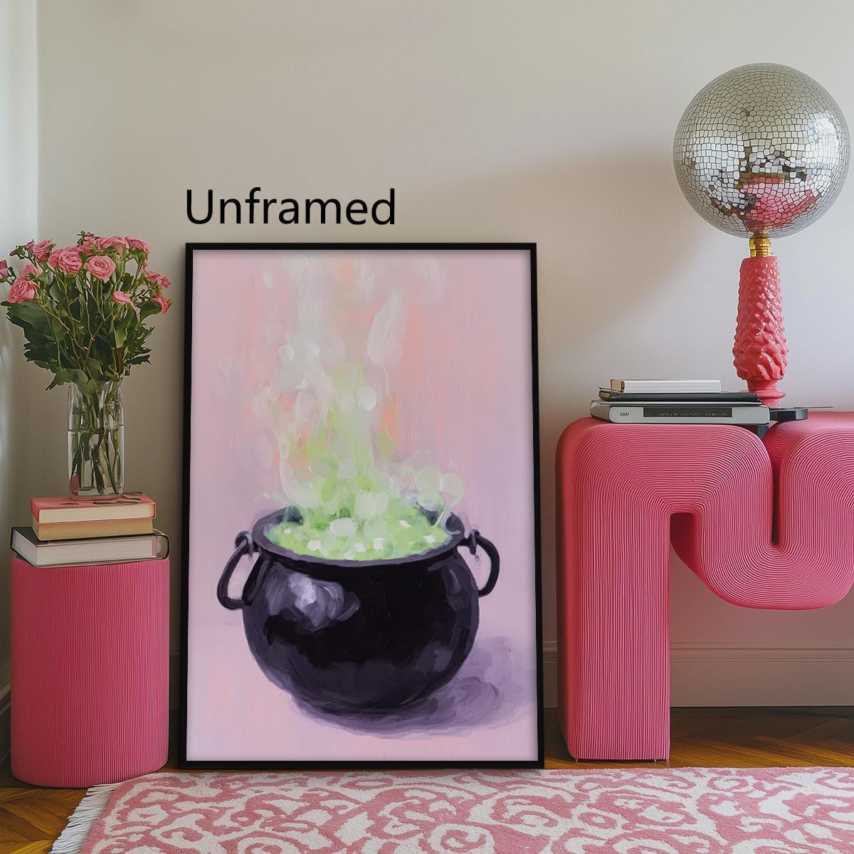 Pink Witch Cauldron Halloween Canvas Wall Art, Whimsical Pastel Gothic Witch Poster, Girly Witchy Potion Painting Goth Wall Decor, Spooky Halloween Iridescent Picture 12x16in Unframed
