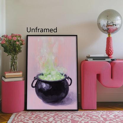 Pink Witch Cauldron Halloween Canvas Wall Art, Whimsical Pastel Gothic Witch Poster, Girly Witchy Potion Painting Goth Wall Decor, Spooky Halloween Iridescent Picture 12x16in Unframed