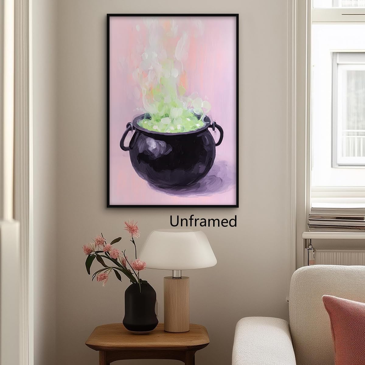 Pink Witch Cauldron Halloween Canvas Wall Art, Whimsical Pastel Gothic Witch Poster, Girly Witchy Potion Painting Goth Wall Decor, Spooky Halloween Iridescent Picture 12x16in Unframed
