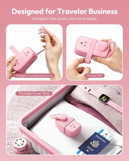 Pink Travel Power Strip,Travel Essentials 4 Outlets 3 USB(1 C) with 4FT Wrapped Extension Cord Flat Plug, Cruise Essentials 2026 for Hotel Travel Cruise Essentials