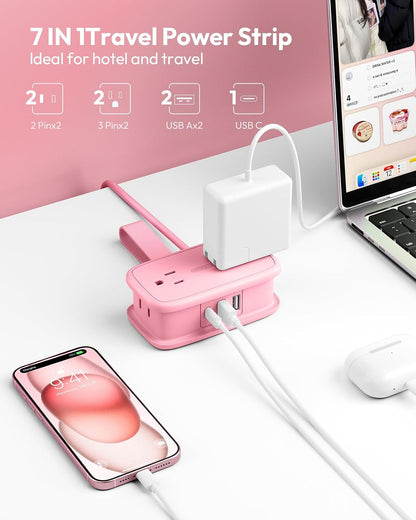 Pink Travel Power Strip,Travel Essentials 4 Outlets 3 USB(1 C) with 4FT Wrapped Extension Cord Flat Plug, Cruise Essentials 2026 for Hotel Travel Cruise Essentials