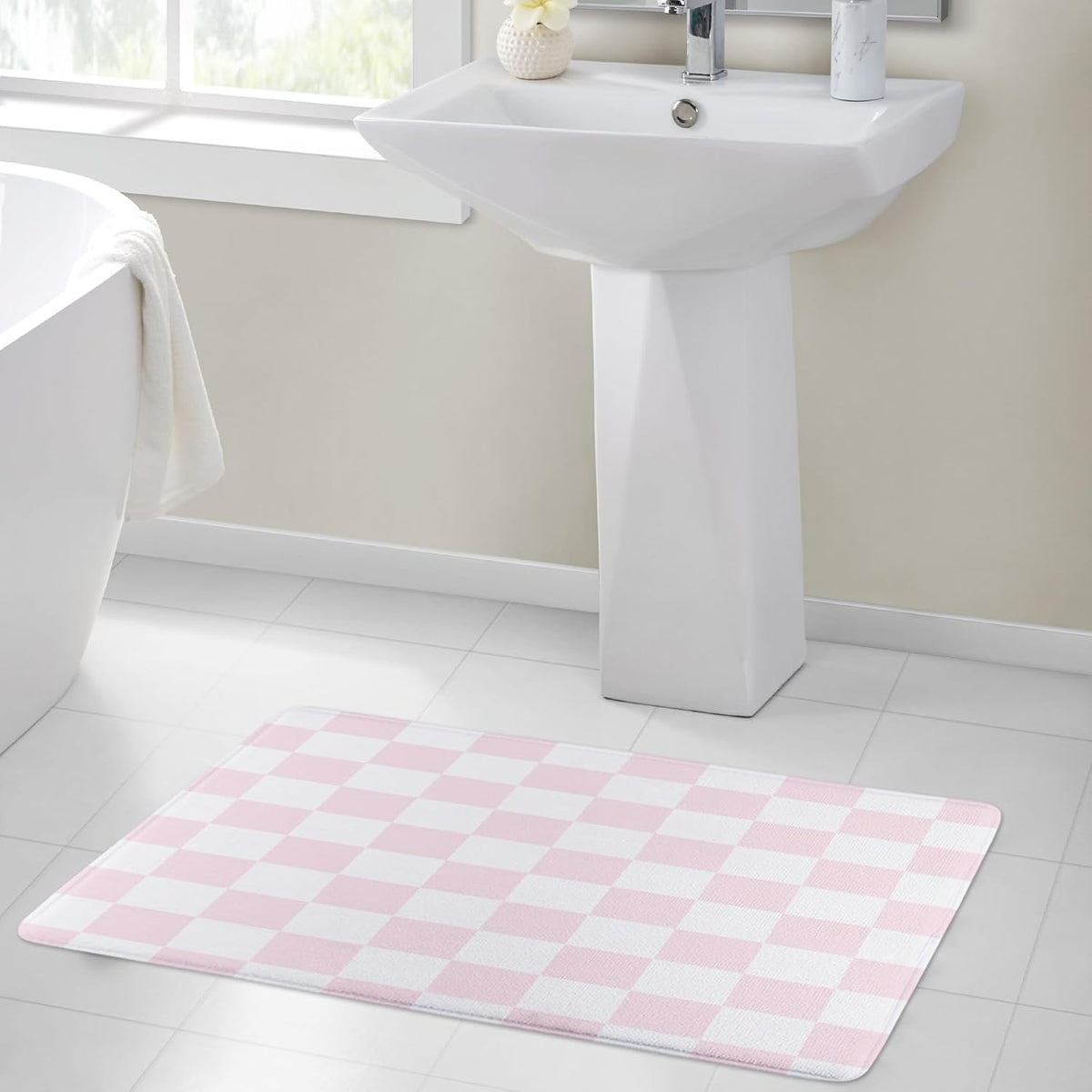Pink Plaid Bath Mat for Bathroom, 23X15 Inches