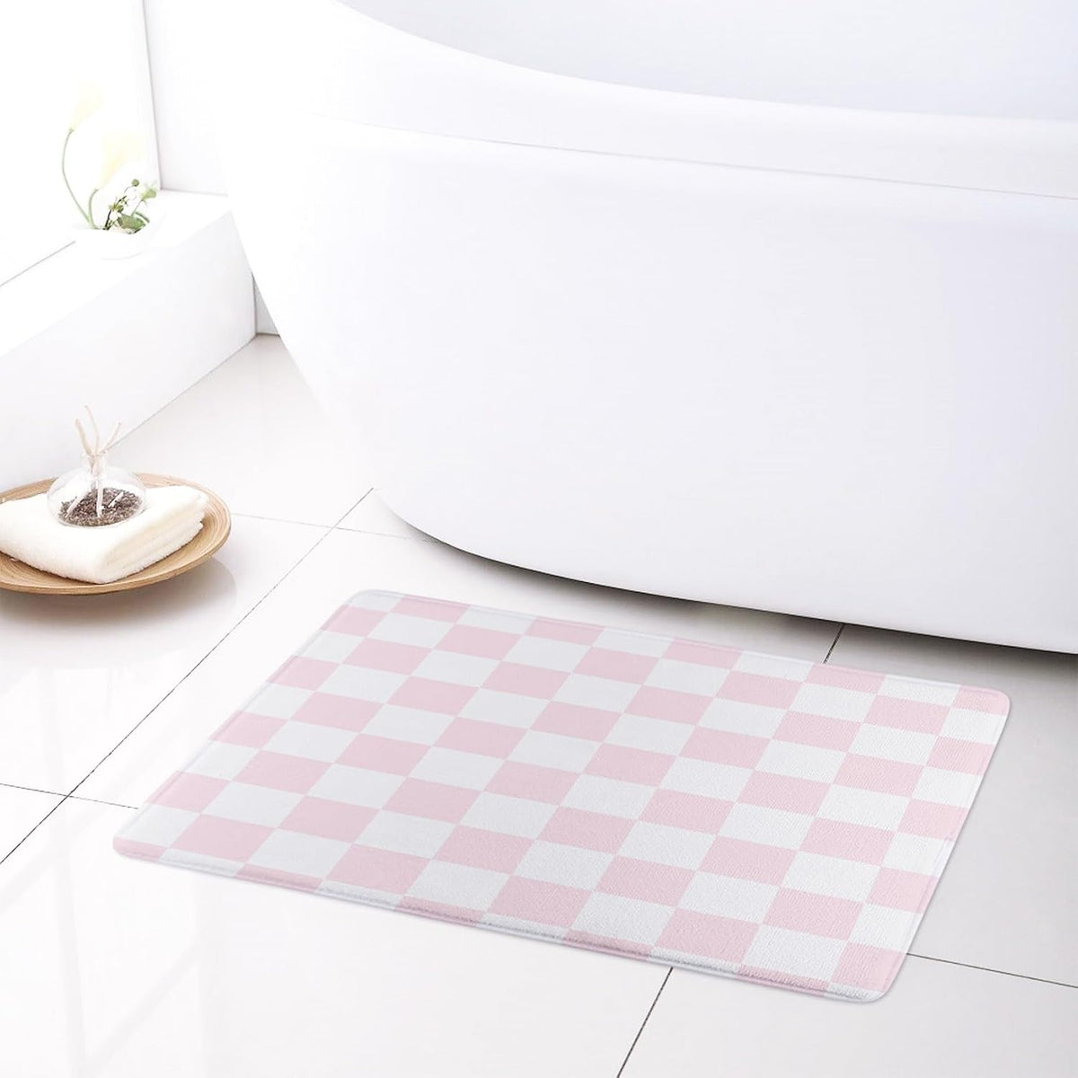 Pink Plaid Bath Mat for Bathroom, 23X15 Inches