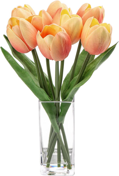 Fake Flowers Artificial Tulip Flower Peach in Clear Vase, Real Touch Foam Tulip Arrangement Suitable for Home Office Decoration, Dining Table Centerpiece
