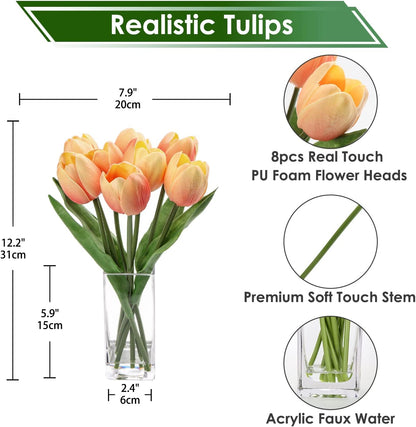 Fake Flowers Artificial Tulip Flower Peach in Clear Vase, Real Touch Foam Tulip Arrangement Suitable for Home Office Decoration, Dining Table Centerpiece
