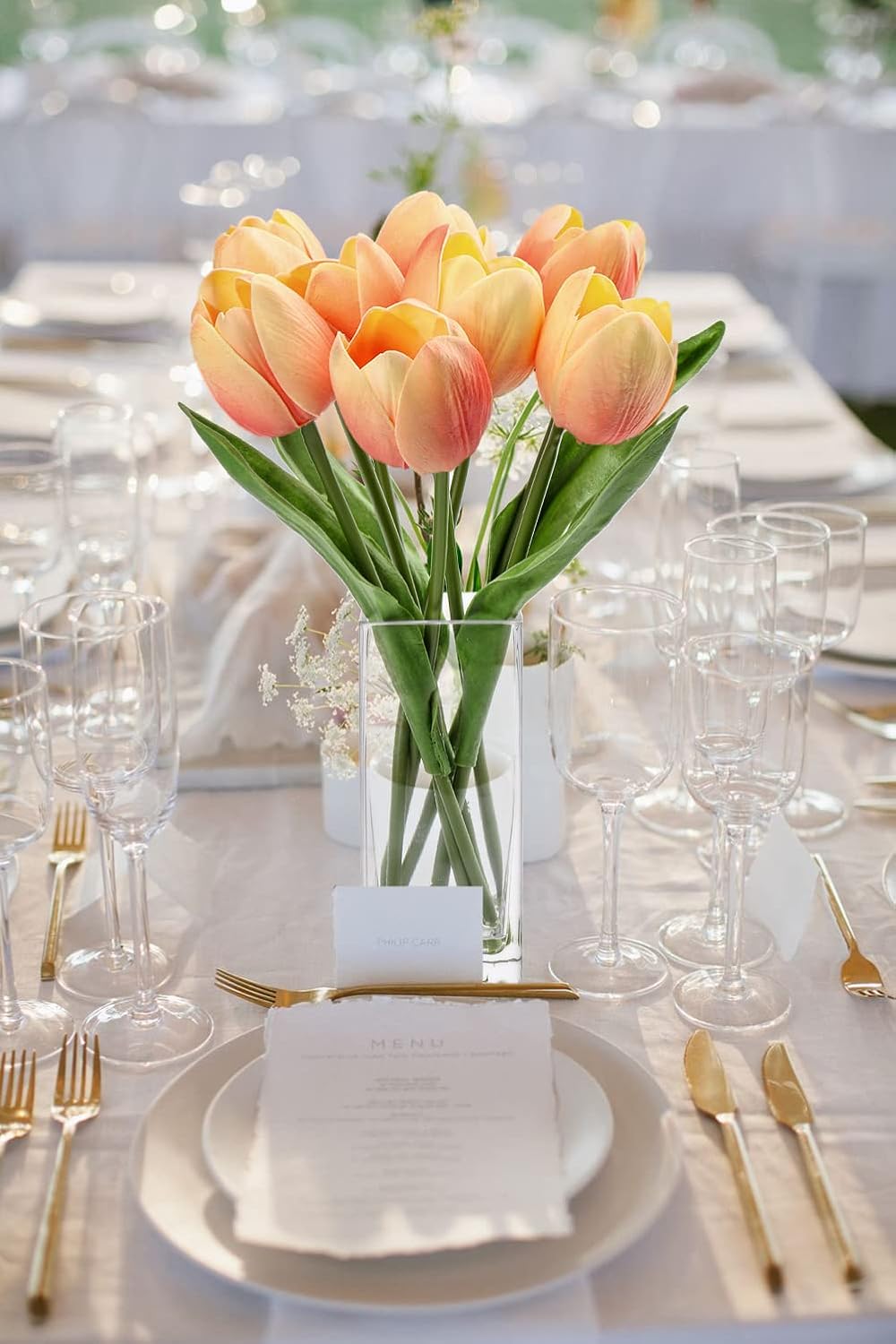 Fake Flowers Artificial Tulip Flower Peach in Clear Vase, Real Touch Foam Tulip Arrangement Suitable for Home Office Decoration, Dining Table Centerpiece
