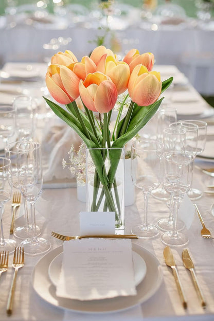 Fake Flowers Artificial Tulip Flower Peach in Clear Vase, Real Touch Foam Tulip Arrangement Suitable for Home Office Decoration, Dining Table Centerpiece