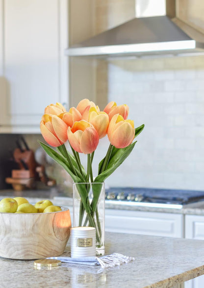 Fake Flowers Artificial Tulip Flower Peach in Clear Vase, Real Touch Foam Tulip Arrangement Suitable for Home Office Decoration, Dining Table Centerpiece