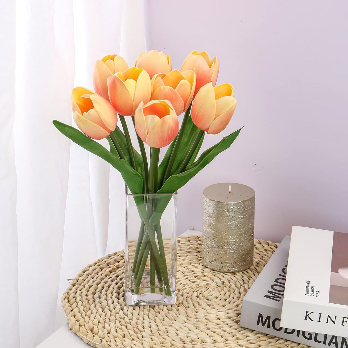 Fake Flowers Artificial Tulip Flower Peach in Clear Vase, Real Touch Foam Tulip Arrangement Suitable for Home Office Decoration, Dining Table Centerpiece