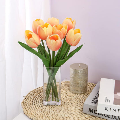 Fake Flowers Artificial Tulip Flower Peach in Clear Vase, Real Touch Foam Tulip Arrangement Suitable for Home Office Decoration, Dining Table Centerpiece