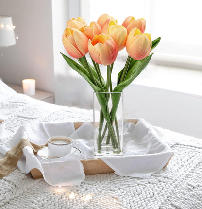 Fake Flowers Artificial Tulip Flower Peach in Clear Vase, Real Touch Foam Tulip Arrangement Suitable for Home Office Decoration, Dining Table Centerpiece