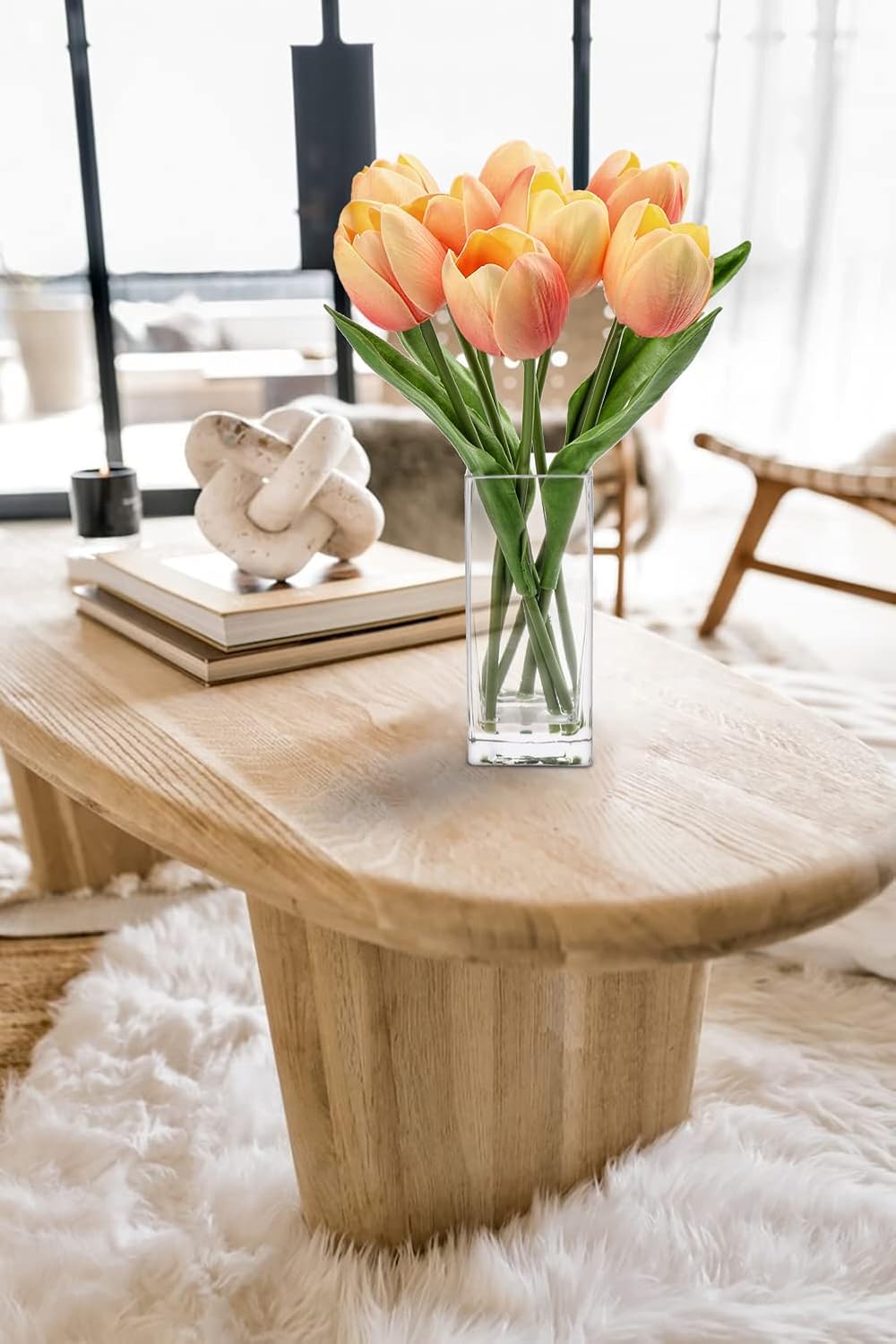 Fake Flowers Artificial Tulip Flower Peach in Clear Vase, Real Touch Foam Tulip Arrangement Suitable for Home Office Decoration, Dining Table Centerpiece