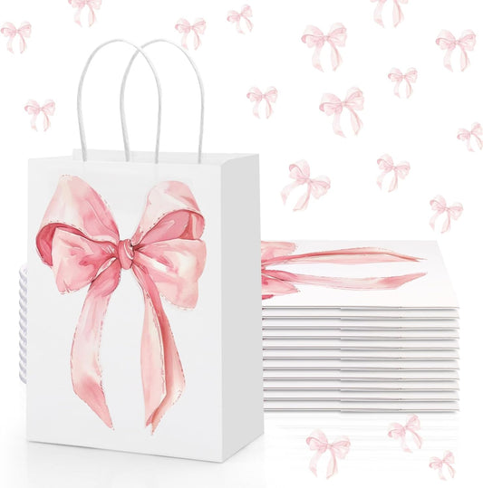 12PCS Coquette Pink Bow Paper Gift Bags, Party Favor Bags, Pink Goodie Bags for Birthday&Bachelorette Party Decoration Coquette Bow Gift Pouches with Handles 8.3x5.9x3.1 Inch