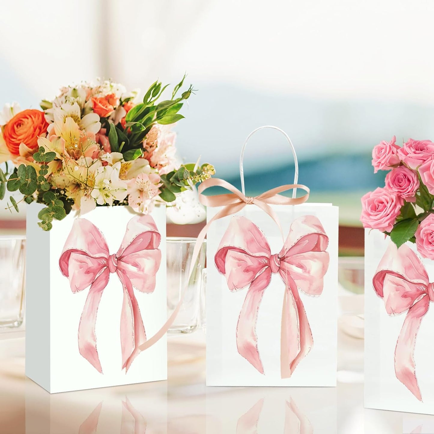 12PCS Coquette Pink Bow Paper Gift Bags, Party Favor Bags, Pink Goodie Bags for Birthday&Bachelorette Party Decoration Coquette Bow Gift Pouches with Handles 8.3x5.9x3.1 Inch