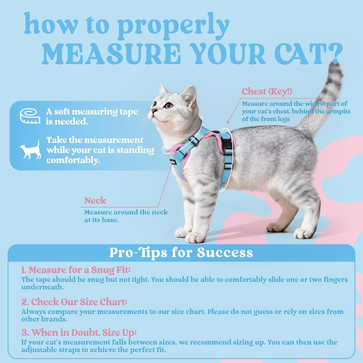 Cat Harness and Leash Set, Escape Proof Vest, Light Blue & Pink