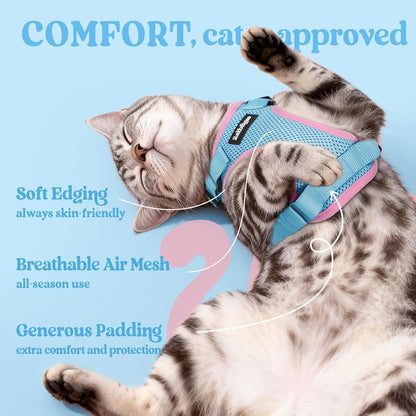 Cat Harness and Leash Set, Escape Proof Vest, Light Blue & Pink