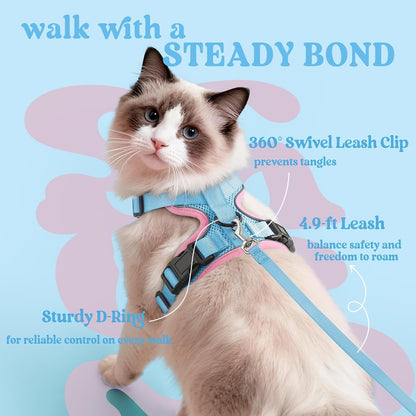 Cat Harness and Leash Set, Escape Proof Vest, Light Blue & Pink