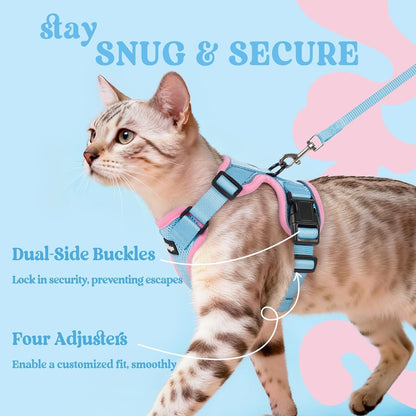 Cat Harness and Leash Set, Escape Proof Vest, Light Blue & Pink